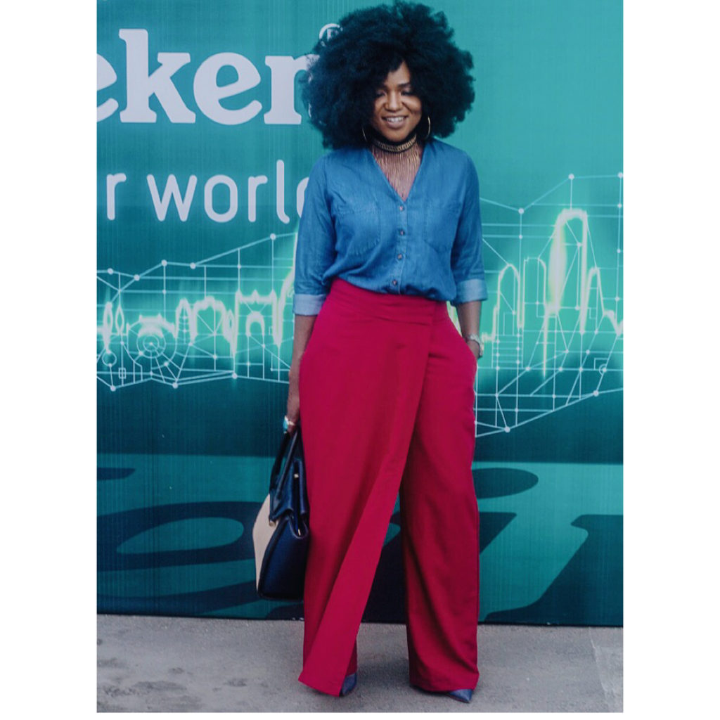 Denim shirt ,burgundy scouser,big hair retro style