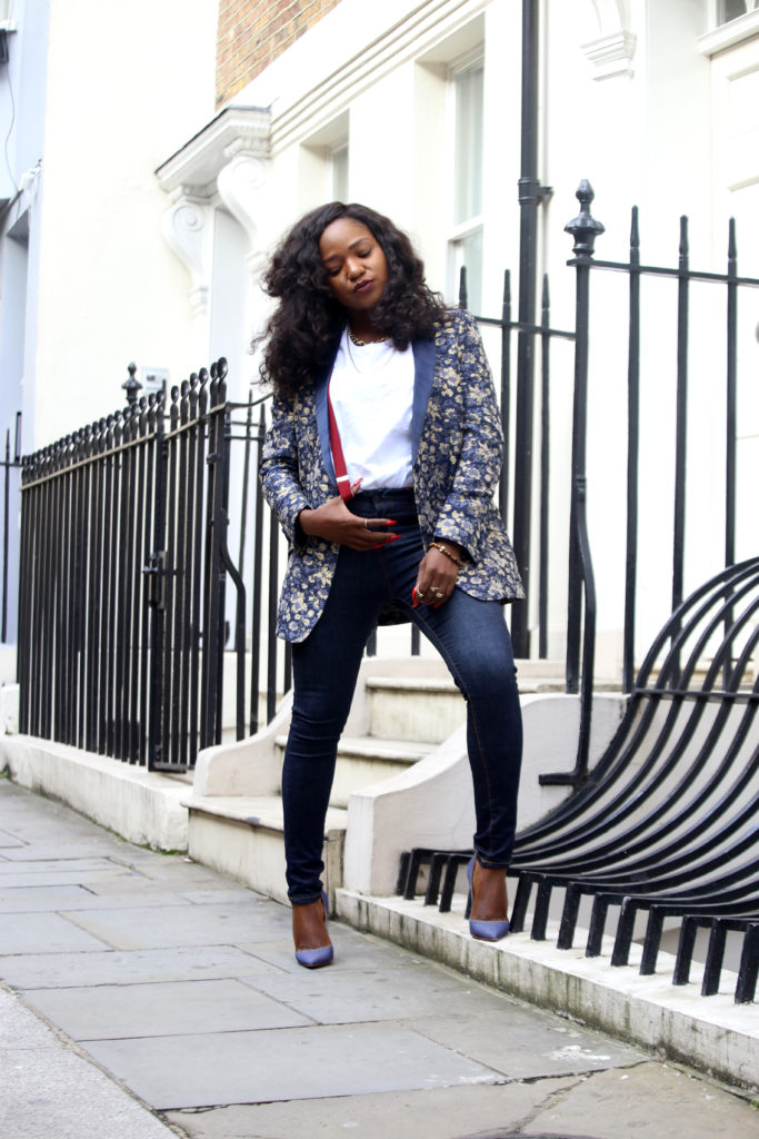 Jacquard blazer and denim styling